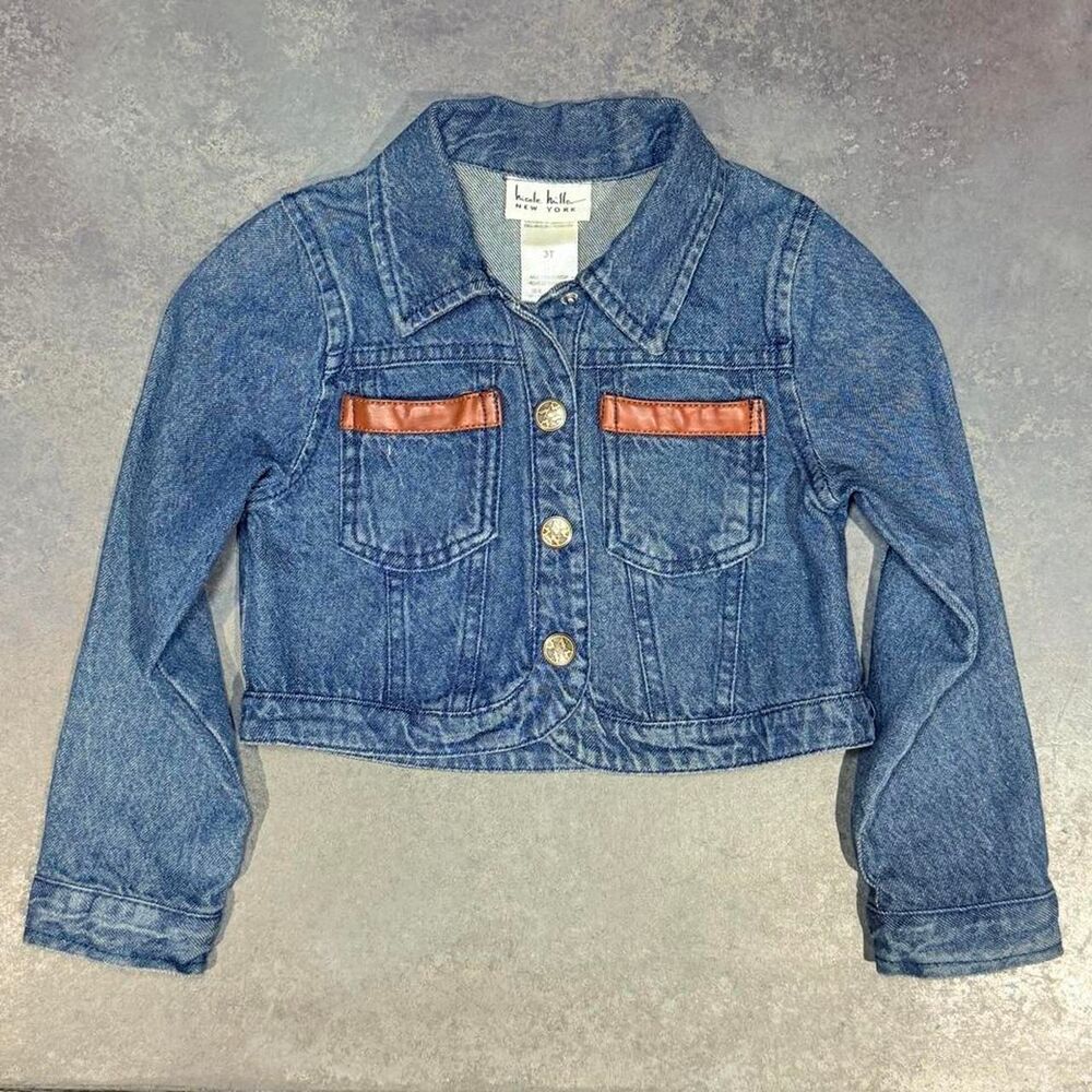 Nicole Miller New York Denim Cropped Jean Jacket 3T Leather Like Trim